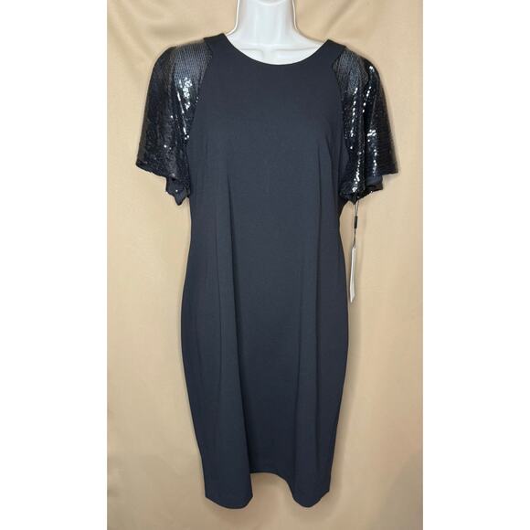 Calvin Klein Black Sequin Flutter Sleeve Midi Sheath Dress 14 NWT - Picture 4 of 9